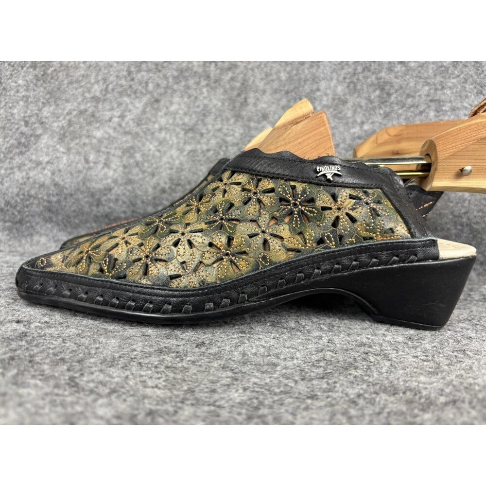PIKOLINOS Black and Gold Floral Mules size 39 8.5